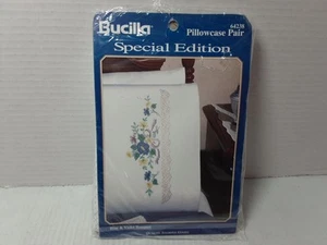 Bucilla Special Edition Blue & Violet Bouquet Pillowcase Pair #64239 Stamped Kit - Picture 1 of 3