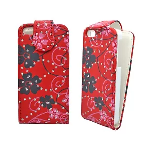 CASE FOR APPLE IPHONE 5 5S FLIP RED CASE PINK BLACK FLOWER SWIRL GLITTER COVER - Picture 1 of 6