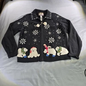 Vintage Christmas Sweater Women Medium Polar Bears Cardigan Hand Knit Y2K Cute - Picture 1 of 13