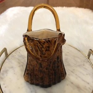 Vintage MURANO STYLE HAND BLOWN Leopard Print ART GLASS Purse Bag Vase 9.5” - Picture 1 of 6