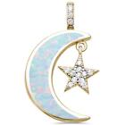 Yellow Gold Plated White Opal & Cz Crescent Moon & Star .925 Sterling Silver Pen