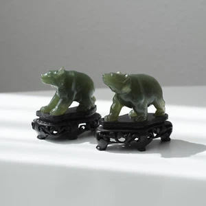 Cute Qing Dynasty Jade Bear Pair – Imperial Green Jade - 7 x 5cm / 2.8 x 2in - Picture 1 of 14