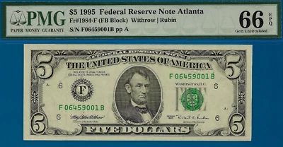 1995 $5 Federal Reserve Note PMG 66EPQ 2nd highest graded FB Block Fr 1984-F - Image 1 of 3