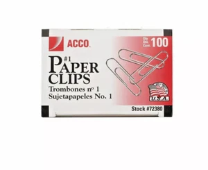1 Box /Pack Smooth Standard Paper Clip ACCO #1 Silver 100/Box 72380 - Picture 1 of 2
