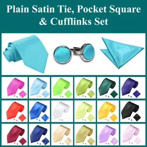 Classic Plain Satin Tie Pocket Square Cufflinks Set 4 Piece Wedding Neckties - Picture 1 of 92