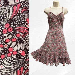 Vintage Ted Baker Dress Size 10 Pink Brown Print Y2K Ruffles Summer Mini 00s - Picture 1 of 24