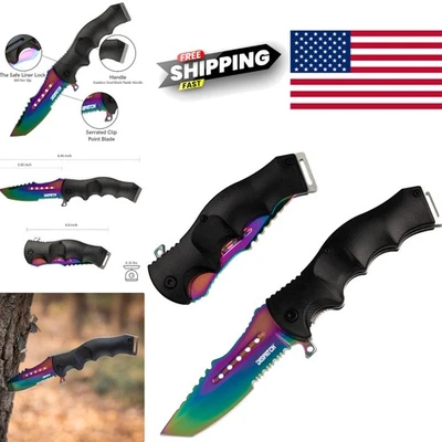 Tactical Folding Pocket Knife Rainbow Titanium Coating with Serrated Blade - Image 1 of 4