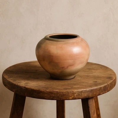 Jarrón de cerámica esmaltado redondo hecho a mano de 3" X 4" con base estampada única y rosa/gris Foto 1 de 4