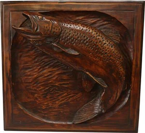 Plaque MOUNTAIN Lodge Jumping Rainbow Trout Fish Coffee Brown Resin - Picture 1 of 1