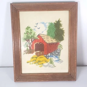 10.5" x13" Framed Vintage Completed Needlepoint Crewel Covered Bridge 1978 - Picture 1 of 5