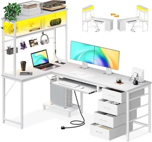 59Inch Reversible Computer Desk with Drawers Corner Office Desk with LED Lights - Picture 1 of 8