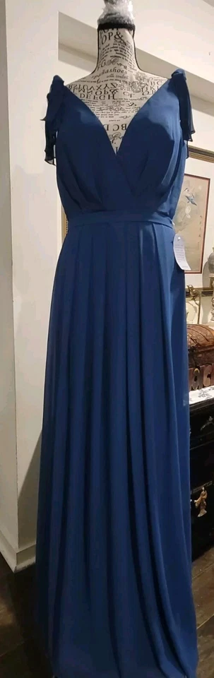 Vestido de Dama de Honor Monique Lhuillier 6 Azul Acanalado V Largo Completo Formal Boda Foto 1 de 4