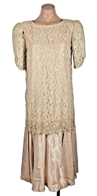 Vintage 80s JC Penny Drop waist Nude Peach satin lace Prom Dress Size 10 Gatsby - Image 1 of 4