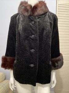 Vtg Persian Lamb Coat Mink Fur Collar And Cuffs Black Brown embroidered buttons - Picture 1 of 12