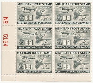 #14 Plate Block 6 - 1961 Michigan TROUT STAMP Fishing License XF OGNH Adams Fly - Picture 1 of 2