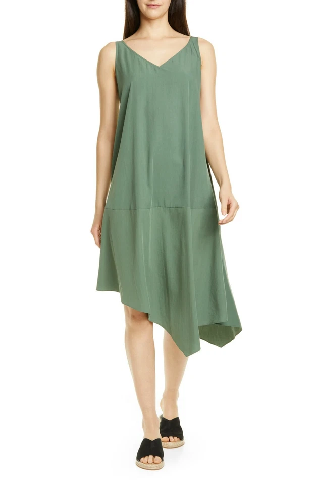 Eileen Fisher Dress Asymmetrical Sandwashed Tencel Shift Green Sz L 334