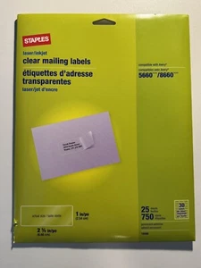 STAPLES - CLEAR MAILING ADDRESS LABELS #18088 25 SHEETS 30 PER SHEET 1 X 2 5/8 - Picture 1 of 2