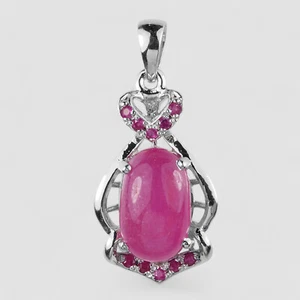 Estate Pink Red Ruby Cabochon 925 Sterling Silver White Gold Plated Pendants - Picture 1 of 8