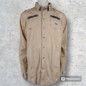 Coogi Shirt Mens 3XL XXXL Beige Khaki Button Down Hip Hop Patches Flags Military - Picture 1 of 8