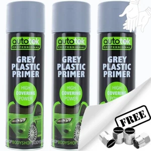3 x Autotek GREY PLASTIC PRIMER Spray Paint Professional High Covering +G+CP - Picture 1 of 8
