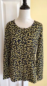 BANANA REPUBLIC Navy Blue/Yellow Heel/Pump Shoe Print Pleated Dress Blouse (S) - Picture 1 of 5