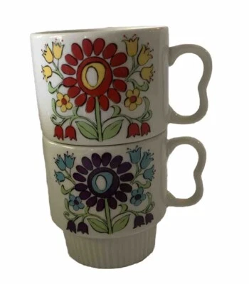 2 Tazas Apilables Retro Vintage Japón Naranja Azul Diseño Floral Mango Mariposa Foto 1 de 4