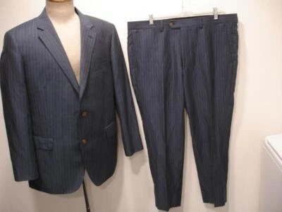 Para Hombres Talla 42R Neiman Marcus Azul Marino Rayas 2 Piezas Traje Lana Lino Pantalones 38 X 27 Foto 1 de 4