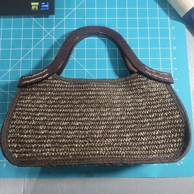 Boho Woven Straw Handbag w/ Wooden Handles Brown Purse Beach Style Lined - Image 1 of 4