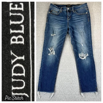 Judy Blue Distressed Cropped Dress Jeans Women 7/28X23 1/2 whiskered Blue - Image 1 of 4