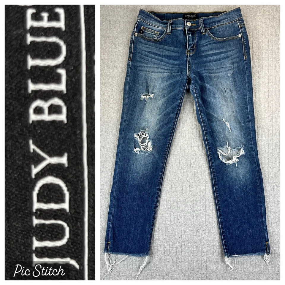 Judy Blue Distressed Cropped Dress Jeans Women 7/28X23 1/2 whiskered Blue - Image 1 of 4