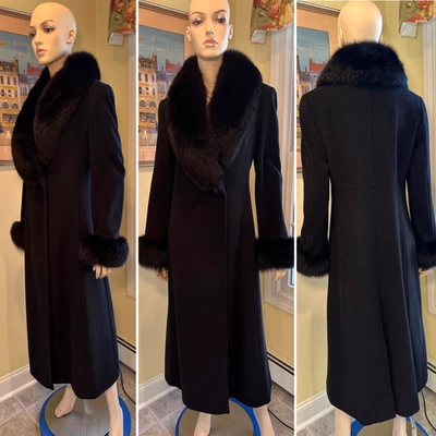 ELLEN TRACY Size 8/Medium Black Wool & Genuine Finnish Blue Fox Fur Trimmed Coat - Image 1 of 4