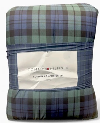 "Juego de edredón Tommy Hilfiger verde y azul a cuadros King 108""x96""" Foto 1 de 3