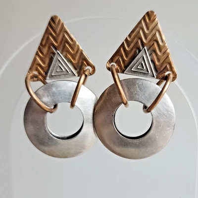 Handcrafted Geometric Artisan Post Earrings — Brass & Silver-Tone Disc Dangle - Image 1 of 4