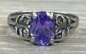Vintage verzierter Blatt filigran Sterling Silber 925 oval Amethyst Solitär Ring - Bild 1 von 14
