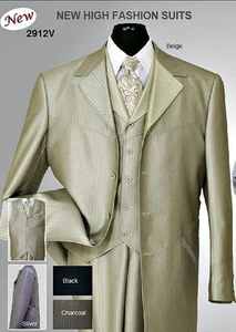 Mens Shark Skin Wool Feel Zoot Suit 4 button with Fancy Vest ,Waist Band 2912V - Picture 1 of 6