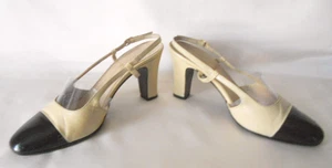 VTG BRUNO MAGLI Light Beige Slingbacks Black Patent LeatherCap_Classic Look_US 5 - Picture 1 of 12