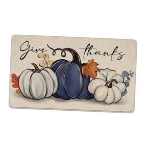 Thanksgiving Blue White Decorative Front Door Mat, Fall Give Thanks Pumpkin - Picture 1 of 8