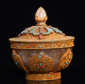 Tibet Nepal crystal inlay gemstone Buddha buddhist bowl pray blessings Statue - Picture 1 of 9