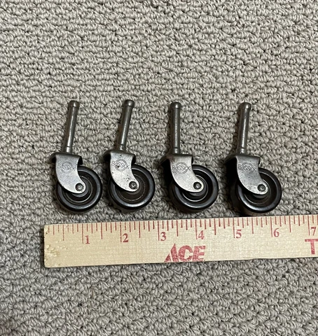 4 Vintage Metal & Black Plastic Caster Wheels Bassick 1-1/4” Furniture Rollers Cover