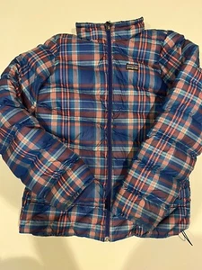 Patagonia Girls Down Jacket XL (14) Plaid Blue Puffer Coat Full Zip - Picture 1 of 9