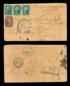MOMEN: US STAMPS #32 STRIP OF 3 & #28 USED ON COVER TO SWITZERLAND P2073R - Picture 1 of 1