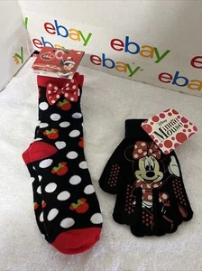 Disney Minnie Mouse Christmas Crew Novelty Socks (14+) & Mittens - NWT - Picture 1 of 10