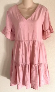 Women's Pink V-Neck Short Sleeve Fit/Flare Ruffle Dress Size Large - Picture 1 of 3