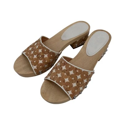 Sigerson Morrison 7.5 Akira Beige Canvas Clogs Wooden Platform Mule Studs - Image 1 of 4