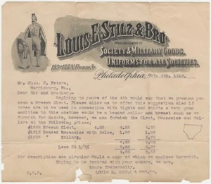 1910 Carta re: Disfraces indios americanos de distribuidor uniforme de Fraternal & Society - Imagen 1 de 1