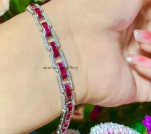 925 Sterling Silver 12Ct Princess Cut Simulated Ruby Women's Tennis Bracelet - Picture 1 of 7