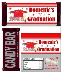 RED AND SILVER GRADUATION 2025 FAVORS CHOCOLATE BAR CANDY BAR WRAPPERS - Picture 1 of 2