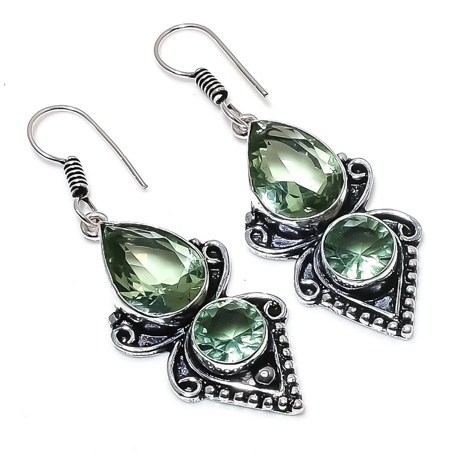 Green Amethyst Gemstone 925 Sterling Silver Handmade Jewelry Earring Size 2" - Image 1 of 1