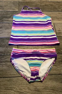 NWOT Spotted Zebra Girls Youth SZ 12 / XL Stripe Pink Purple Blue White Tankini - Picture 1 of 3