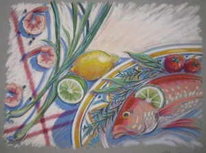 Vintage ORIGINAL Barbara Maslen 'FISH & Shrimp' Still Life Pastel ILLUSTRATION - Picture 1 of 8